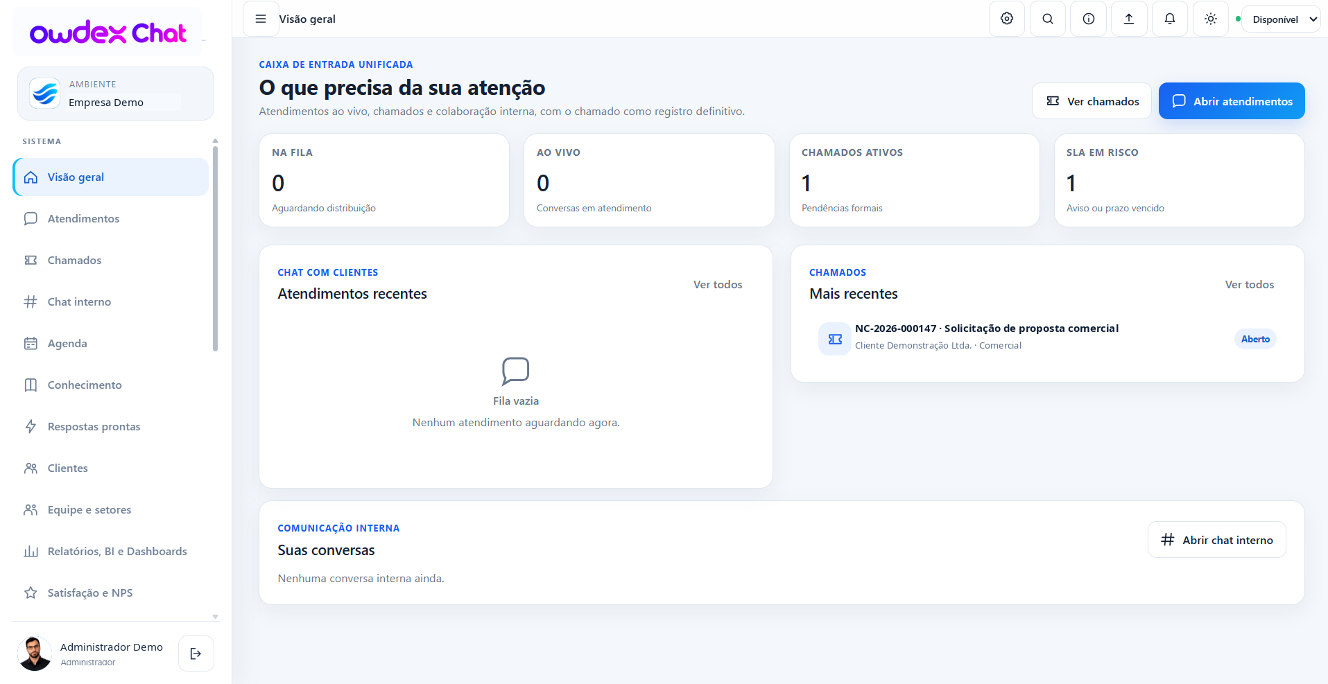 Tela real do owdex Chat com dados fictícios de empresa, usuário e chamado